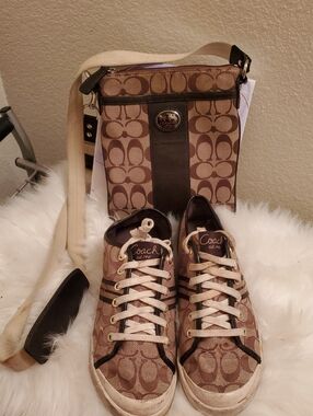 Coach Brown Signature Monogram Crossbody and Sneakers Set